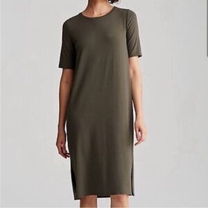 Eileen Fisher System Oregano Green Viscose Jersey Midi T-shirt Dress Size Medium